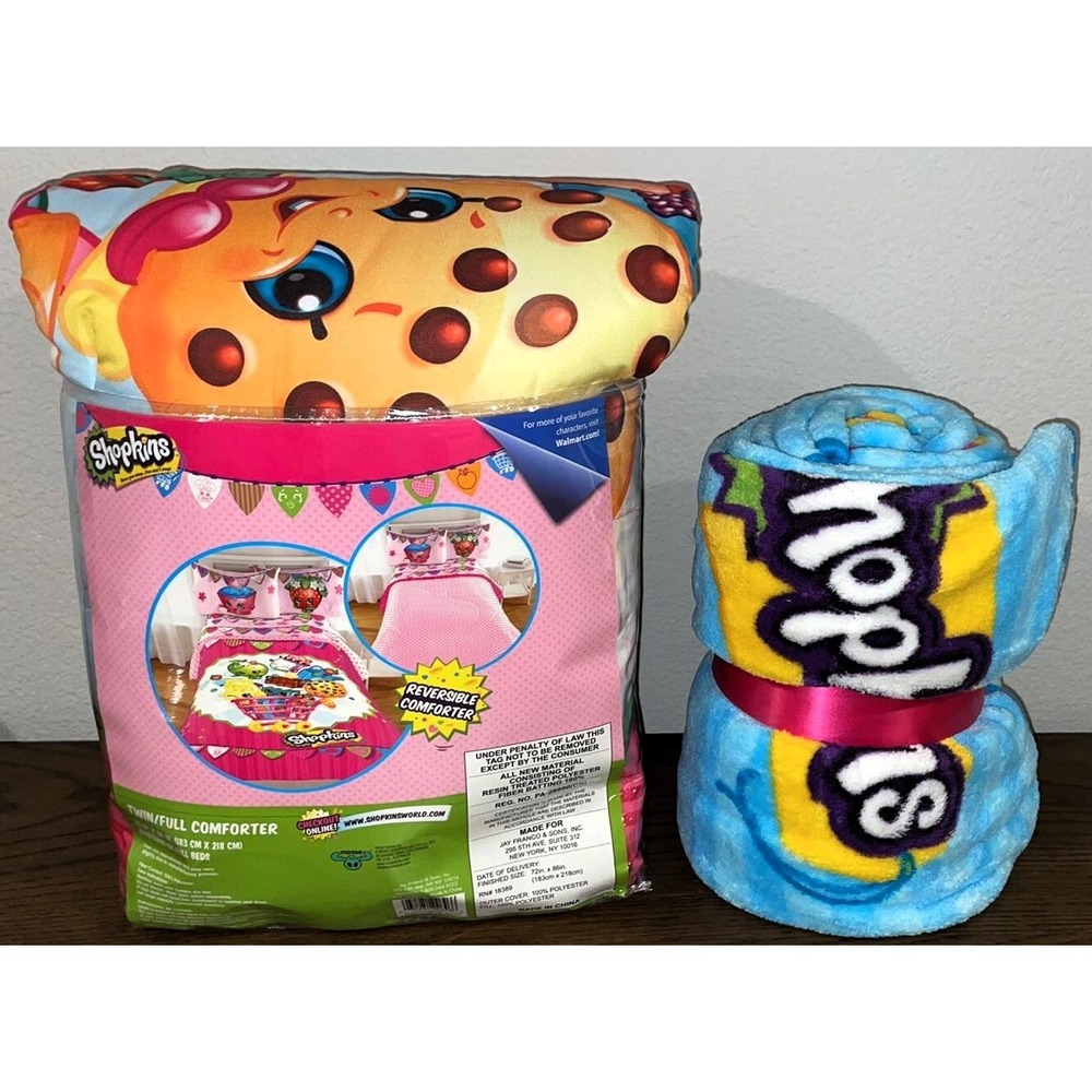 NEW Shopkins Girls Twin/Full Bedding Reversible Comforter  and Plush Throw Set